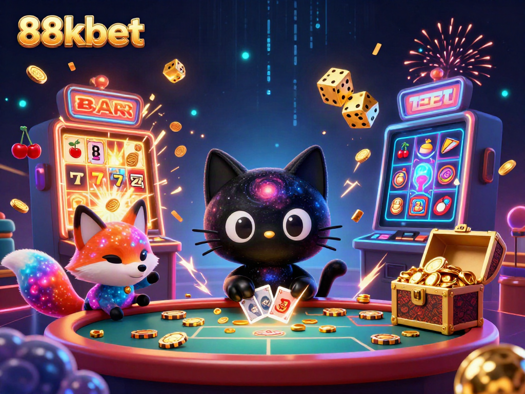 Experience the thrilling world of 88kbet with a cosmic casino illustration showcasing a black hole cat and nebula fox.