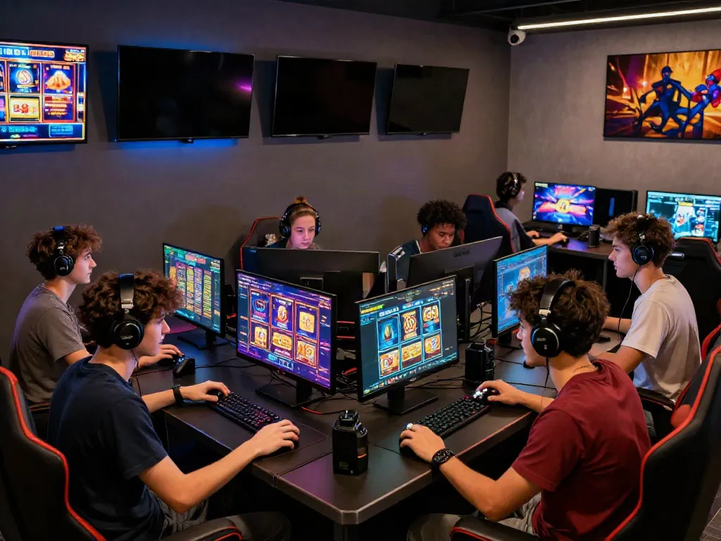 Friends enjoying slot88 gaming night, vibrant graphics glowing in cozy lounge.