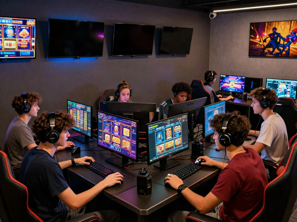Friends enjoying slot88 gaming night, vibrant graphics glowing in cozy lounge.
