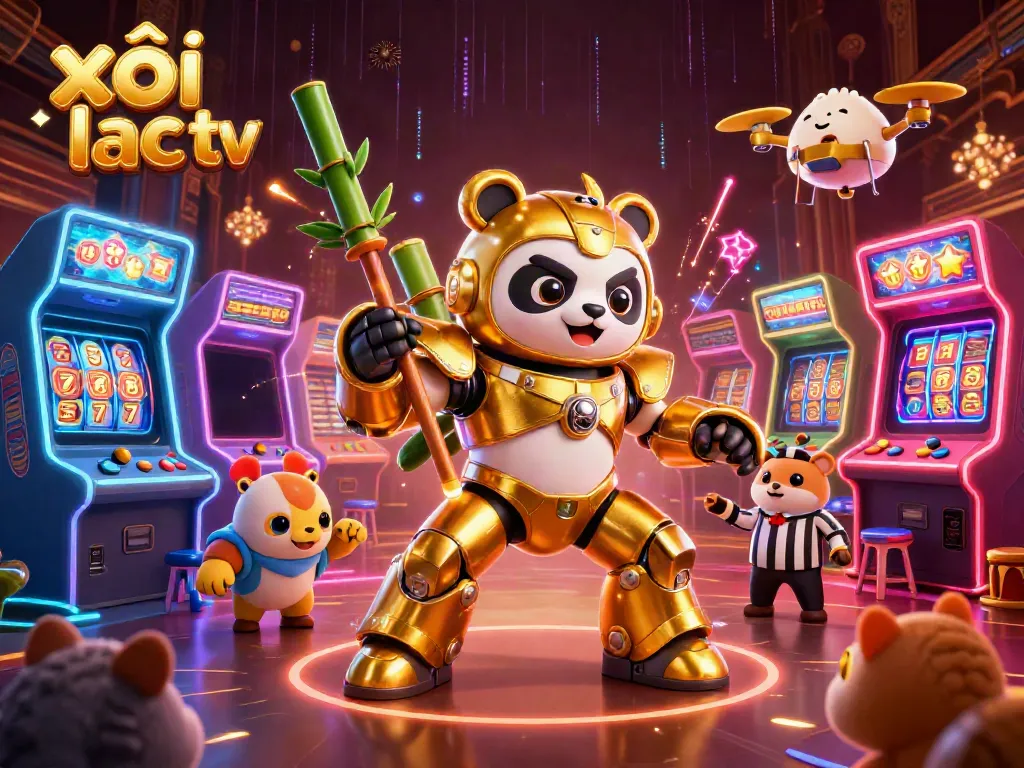 Xôi lạc tv's vibrant casino illustration with a panda piloting a robot amidst cheering spectators and game elements.