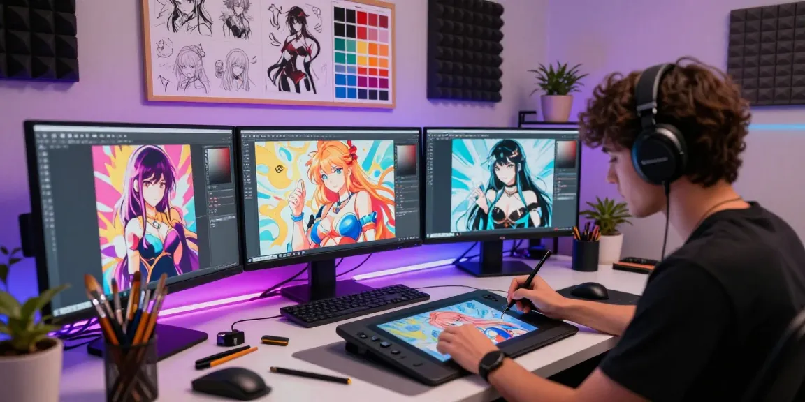 Artist creating ai hentai illustrations in a vibrant digital art studio, showcasing creativity and technology integration.