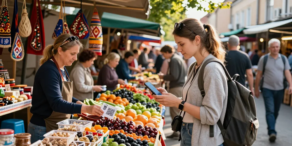 Pagando fácilmente en Rusia con PayInRussia en un mercado vibrante lleno de productos locales y turistas.