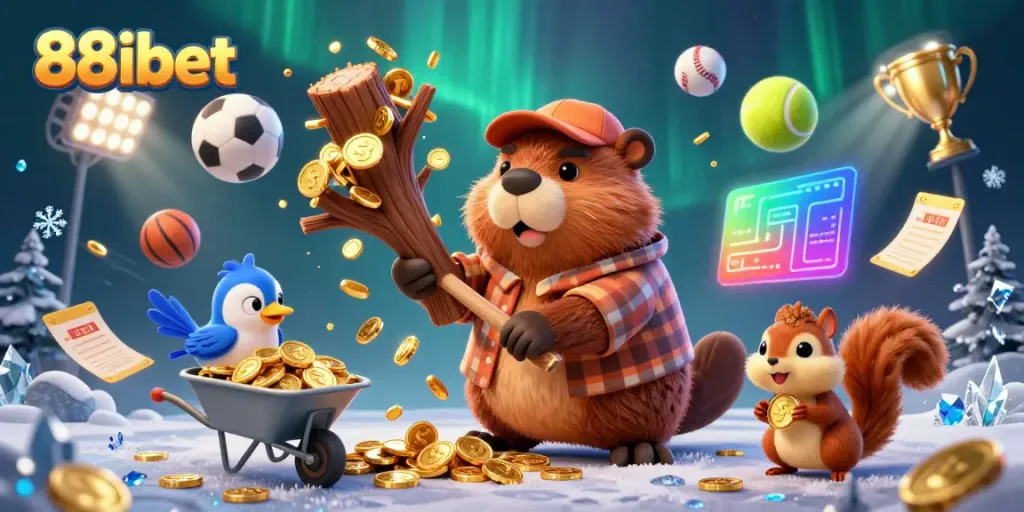 Experience thrilling gameplay with 88ibet as a beaver chops a coin raining tree amidst vibrant sports elements.