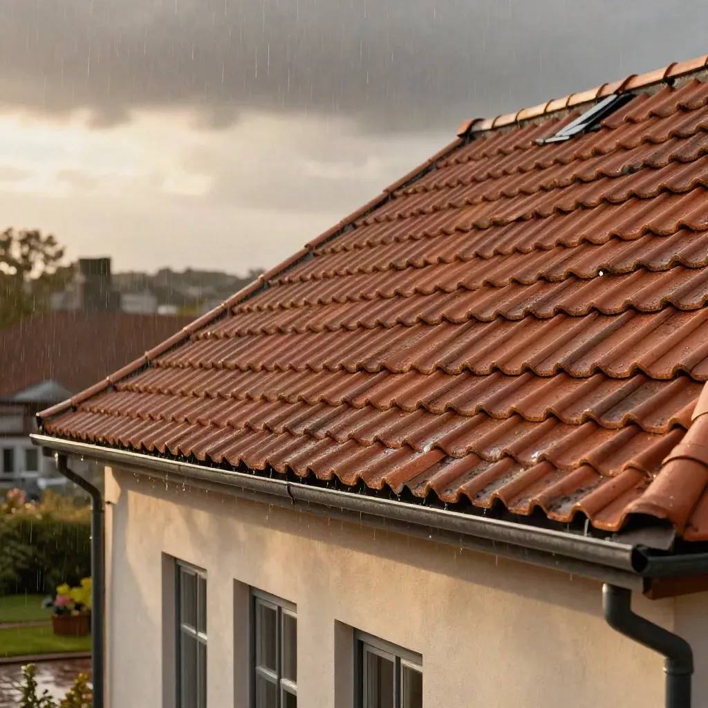Nylagt sadeltak i regn med rena nockar och mörk himmel.