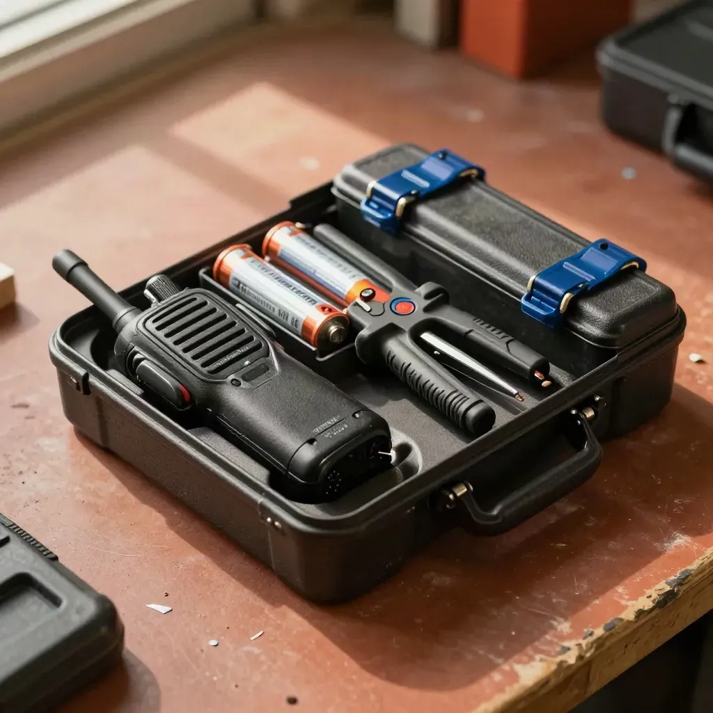 Uppställt servicekit med radio, batterier och kabelprovare på verkstadsbänk.