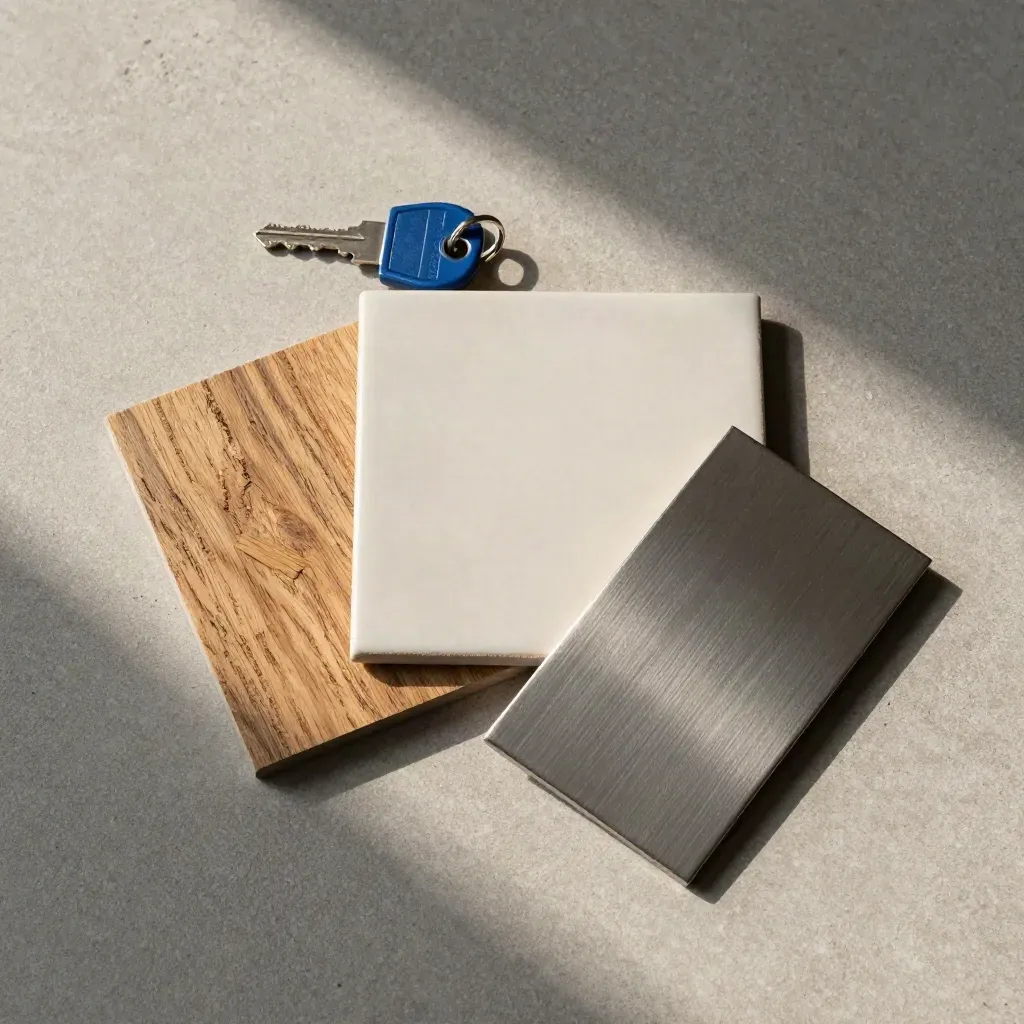 Materialprover för husjobb med nyckelring, uppifrån på stenplatta.