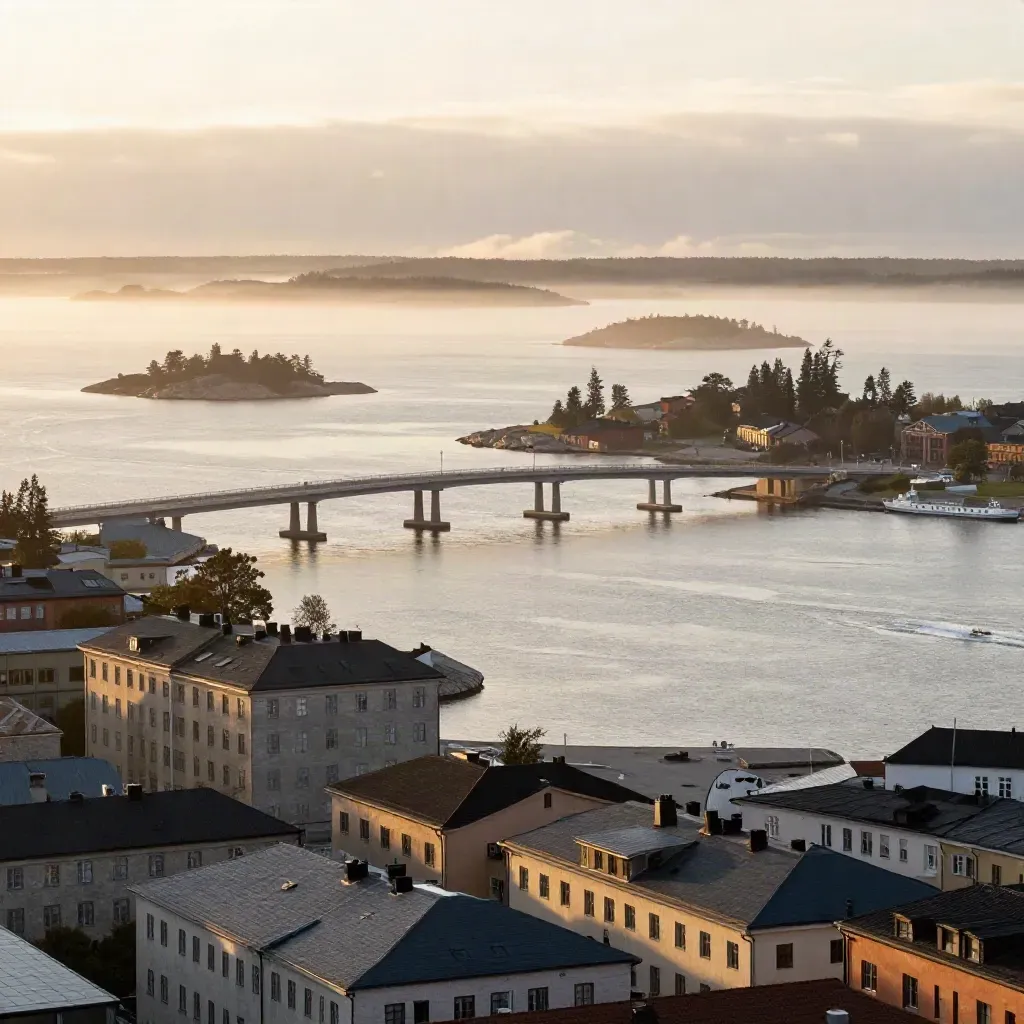 Stockholms skyline i gryningsdimma över lugnt vatten och broar