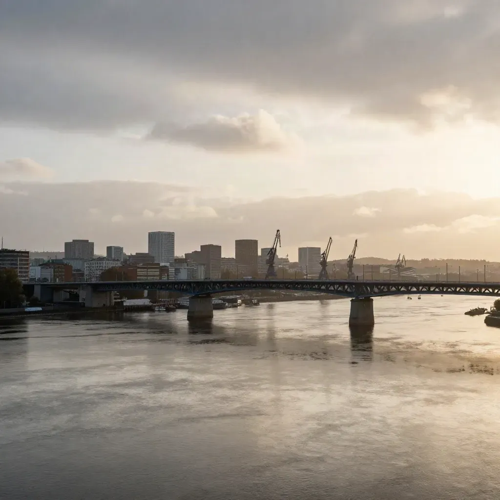 Göteborgs siluett, brospann och hamnkranar över Göta älv i kvällsljus efter regn.