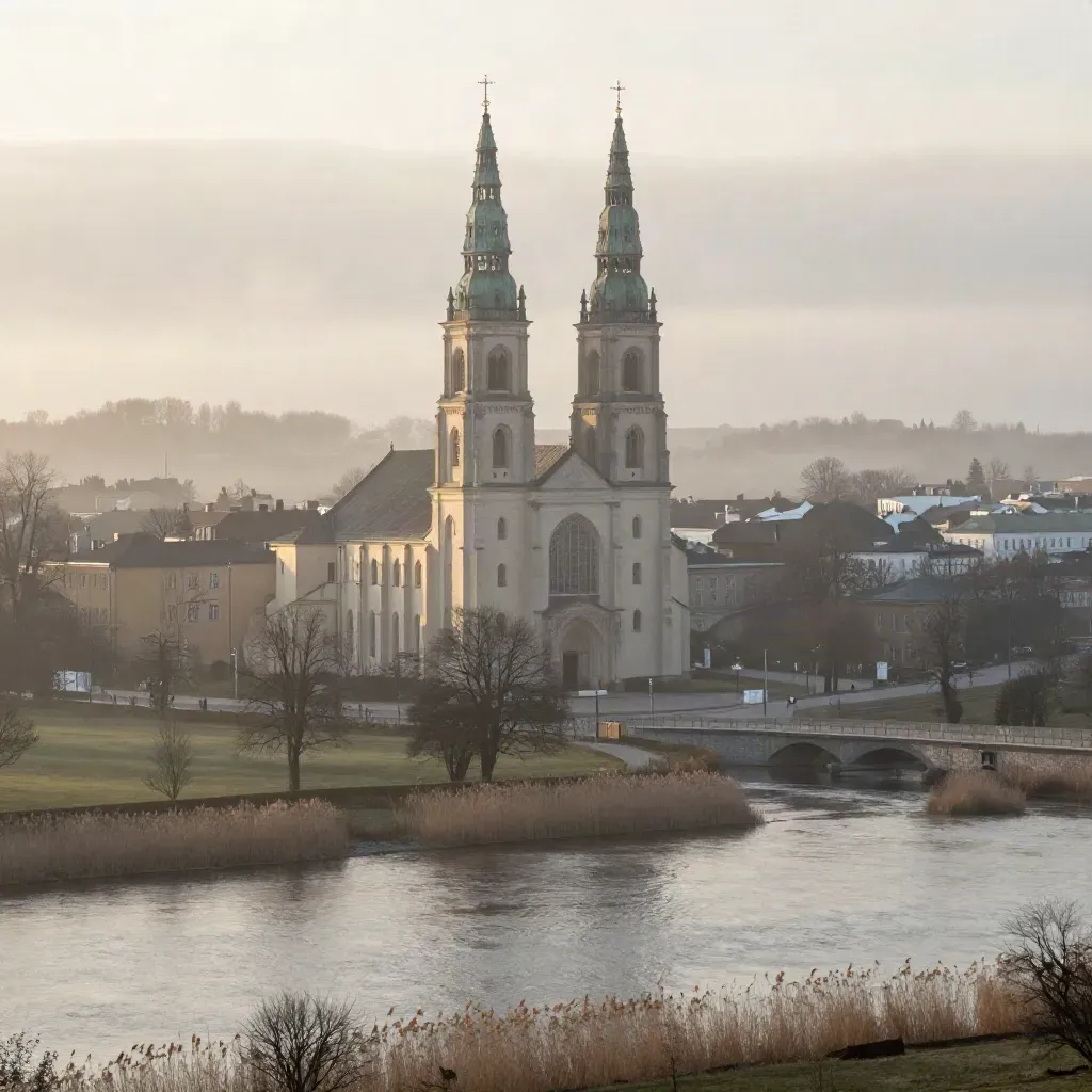 Uppsala domkyrka över Fyrisån i morgondimma, med öppna fält och lugn yta för rubrik