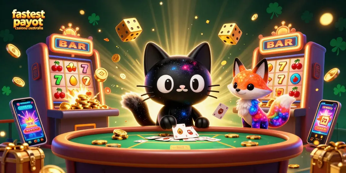 Experience dynamic action at fastest payout casinos australia with a cartoon black hole cat and nebula fox amid vibrant gaming elements.