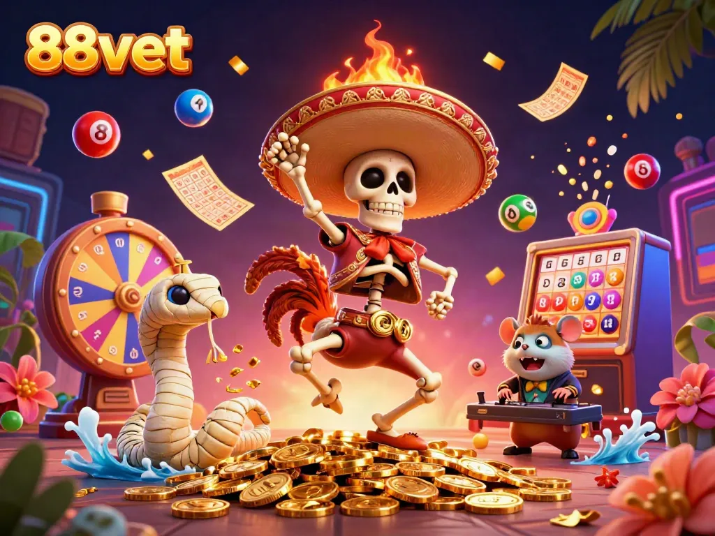 Celebrate big wins at 88vbet with a vibrant 3D casino scene filled with lively characters.