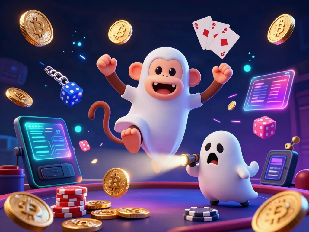 Experience rakhoitv trực tiếp bóng đá with a vibrant scene of a ghost-hunting puppy tracking a mischievous monkey juggling coins in a haunted casino.
