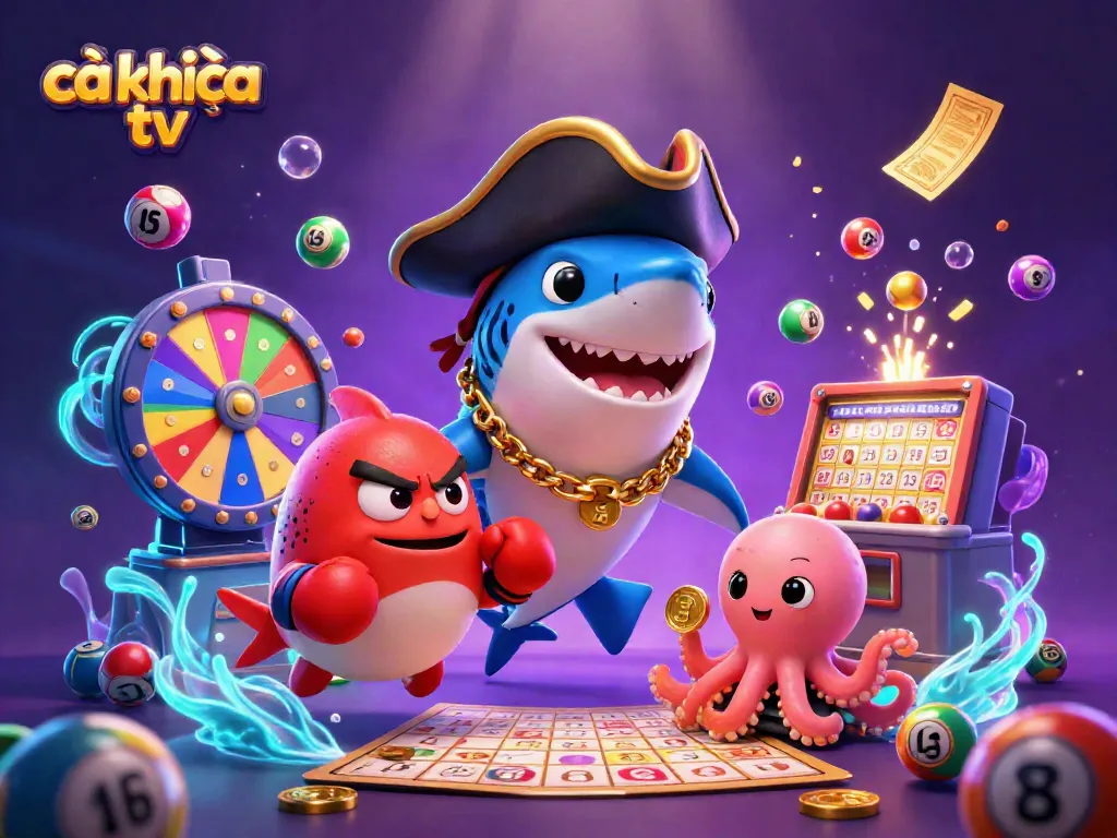 Experience the thrill of cà khịa tv with dynamic lottery elements and cartoon characters celebrating big wins.