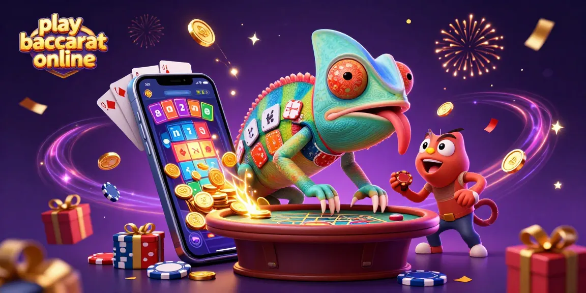 Play baccarat online with an engaging chameleon casino owner in a rich, colorful scene.