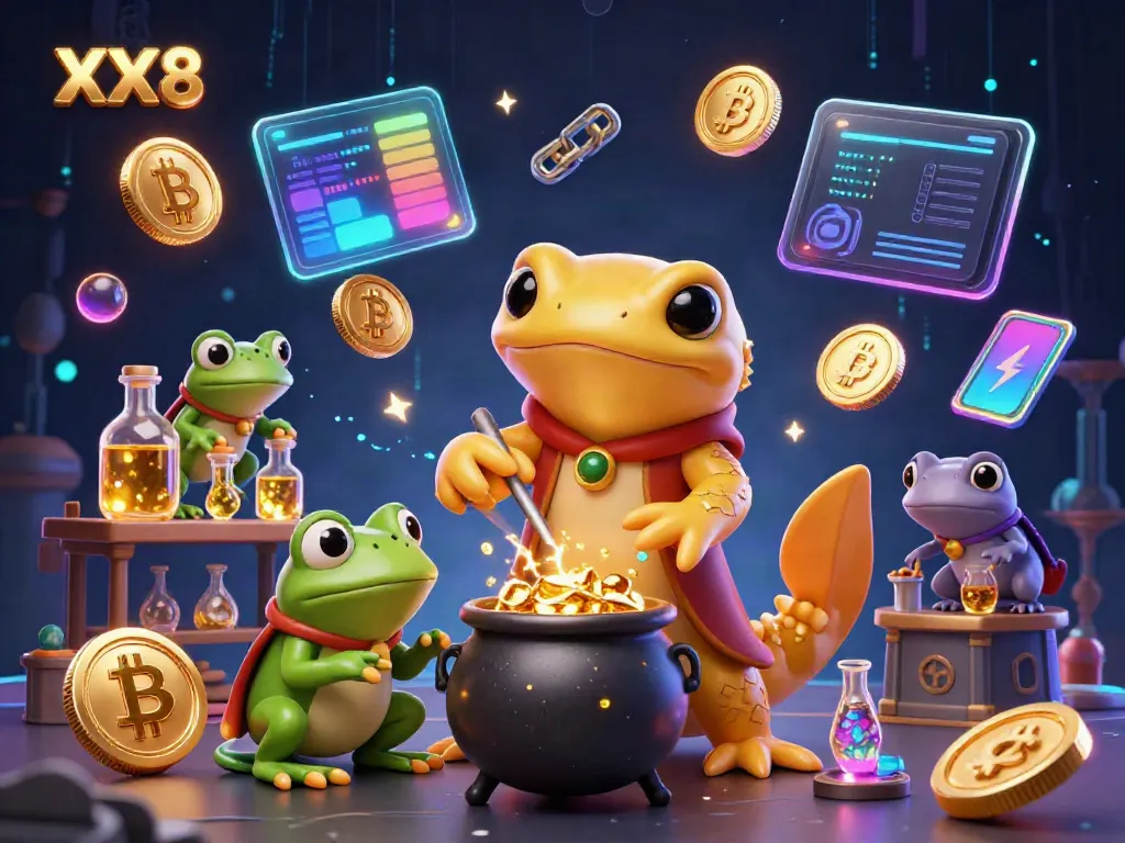 Experience the magical world of XX8 with a giant golden salamander alchemist and crypto elements in a vibrant gambling scene.