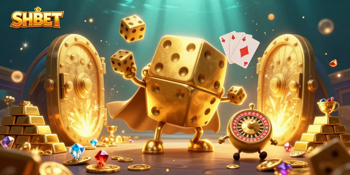 Engage in thrilling gameplay with SHBET's golden dice golem amidst a treasure-filled casino scene.