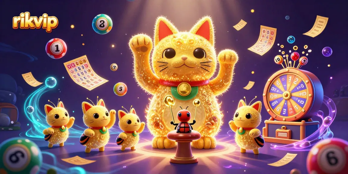 Experience excitement with rikvip's giant lucky cat surrounded by vibrant casino symbols and games.